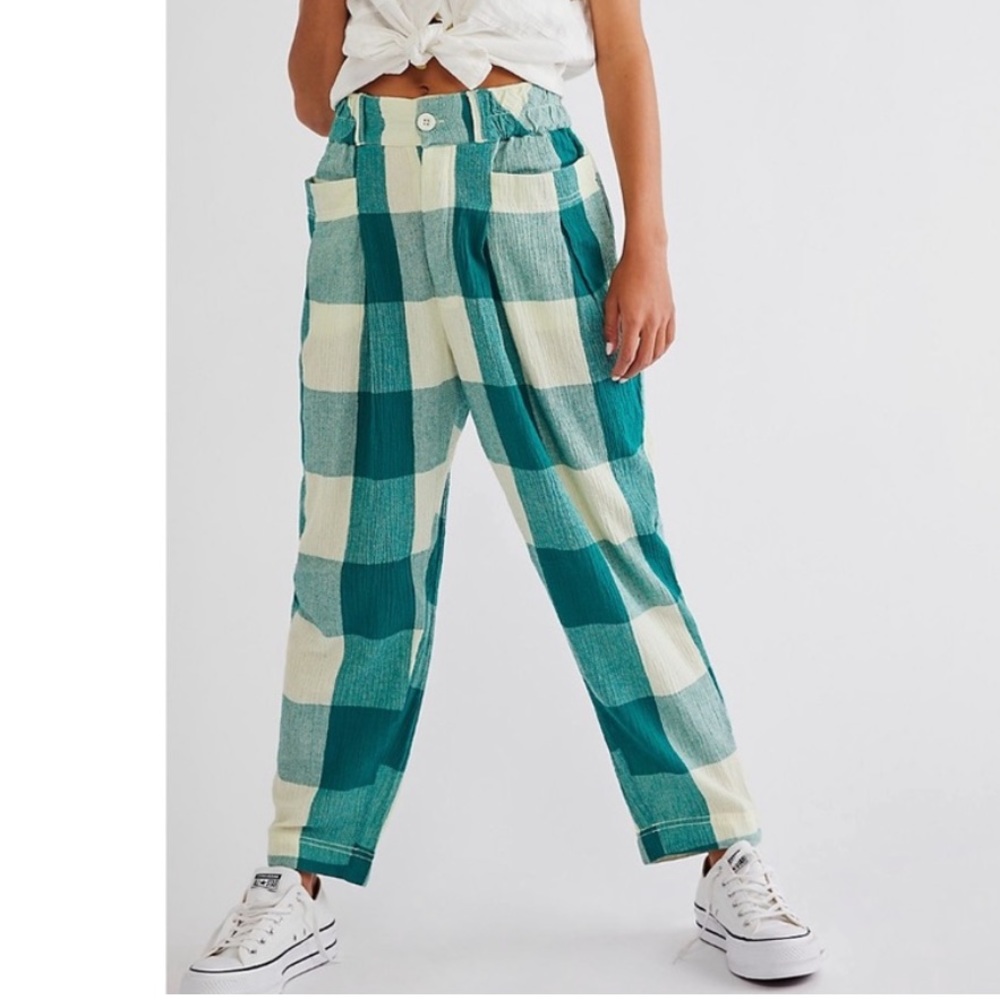 Free People Make A Stand Plaid Trousers Blue Green Aqua and Cream